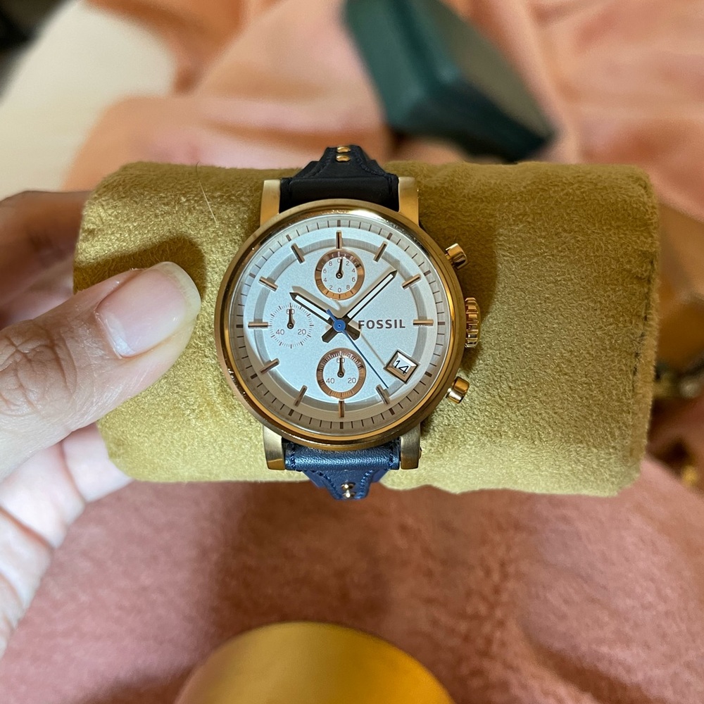 Fossil blue leather and rose gold watch